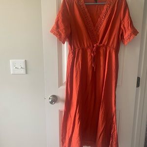Burnt orange midi dress with crocheted sleeves and chest lining